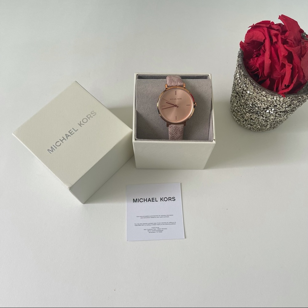 Michael Kors Jayne Three Hand Blush Watch With Patterned Strap New In Box